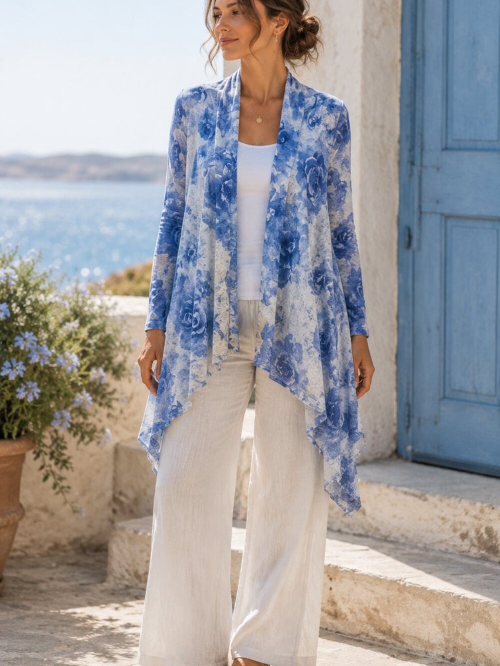 INC Cardigan Womens L Blue Floral Drape Open Front Kimono Topper Coastal Boho